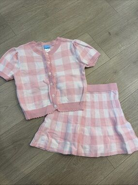 Draper James Girls Pink and White Gingham Knit Pajama Set